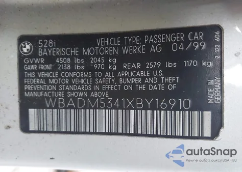 1999 BMW 528I z USA, uszkodzony, nr VIN WBADM5341XBY16910